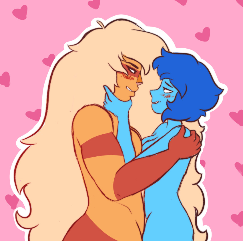 2girls avianaress blue_hair blue_skin blush breast_squish couple female female_only gem_on_nose grin hand_on_chin hand_on_shoulder jasper_(steven_universe) lapis_lazuli_(gem) lapis_lazuli_(steven_universe) lesbian multiple_girls orange_hair orange_skin small_breasts staring_at_another steven_universe two_tone_skin wholesome yuri