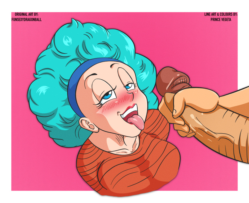 afro blue_eyes blue_hair bulma_(afro) bulma_briefs clothing color colored cyan_hair dragon_ball dragon_ball_z female funsexydragonball green_hair hairband half-closed_eyes imminent_facial large_penis light-skinned_female light_skin masturbation open_mouth prince_vegeta smiling solo_focus tanned_skin teal_hair thick_penis tongue tongue_out veiny_penis