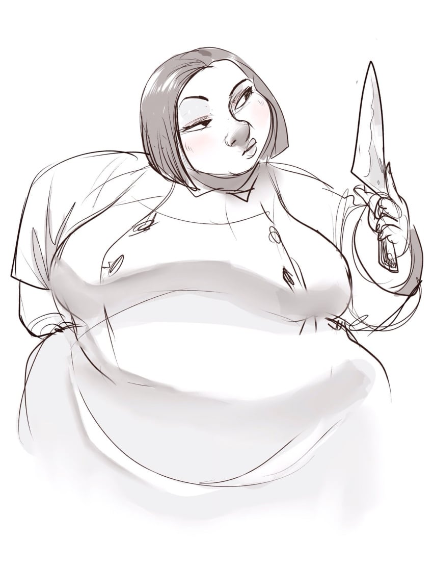 1girls bbw big_breasts big_nose chef chef_uniform chubby chubby_female colette_tatou disney hand_on_hip holding_object huge_breasts knife looking_away monochrome pixar ratatouille rough_sketch sooftly_ ssbbw