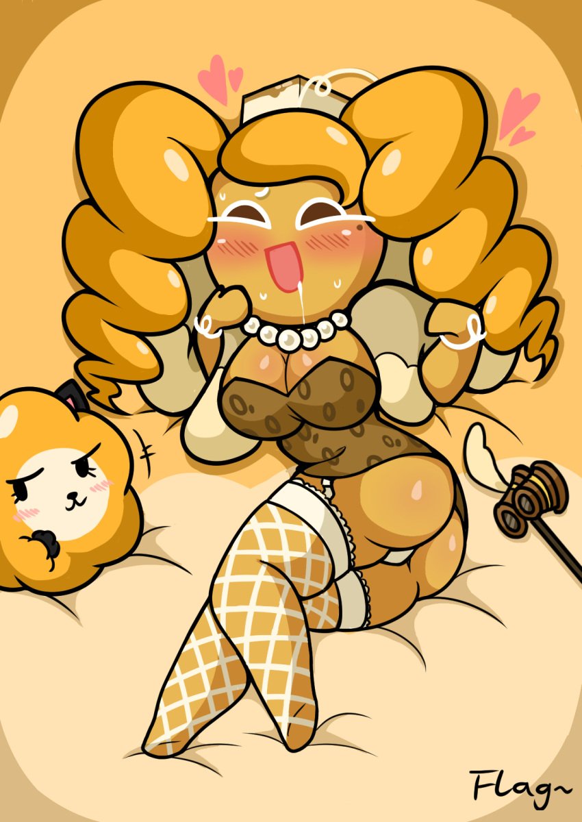 :3 artist_name ass bed blonde_hair blush body_pillow_design brown_eyes cat cheesecake_cookie cleavage clothed cookie cookie_run cookiephilia cute dakimakura drooling fishnet_thighhighs flag_(artist) fluffy_cheese_cat food_creature headpiece heart hearts hearts_around_head inviting laying_on_side looking_at_viewer lying medium_breasts necklace no_sex open_smile panties smile suggestive sweat sweating thighhighs thighs twintails white_panties yellow_background yellow_hair yellow_skin