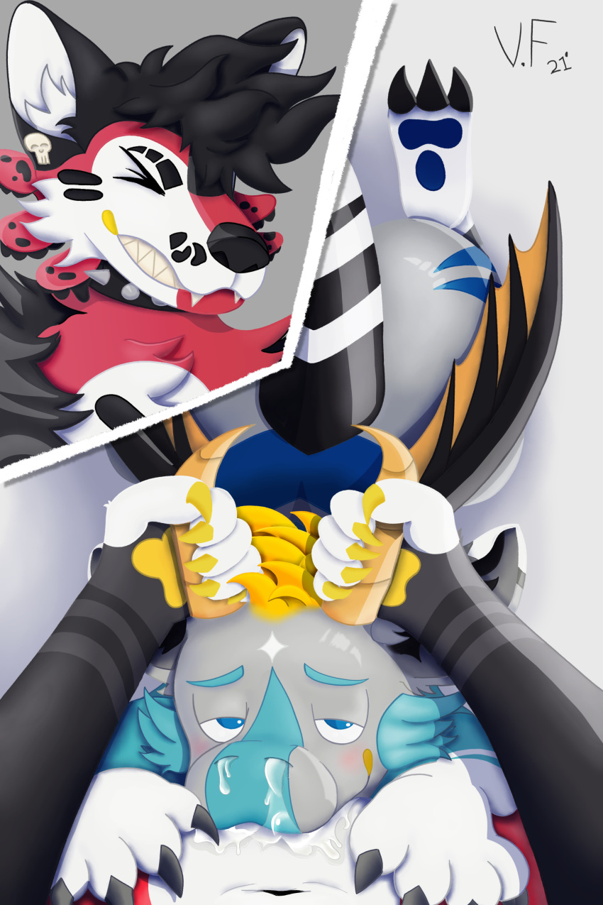 2:3 absurd_res anthro ass bedroom_eyes big_butt black_claws black_hair black_stripes black_wings blonde_hair blue_body blue_eyebrows blue_eyes blue_fur blue_pawpads blue_stripes blush bodily_fluids bodily_fluids_drip bodily_fluids_from_mouth bodily_fluids_from_nose bodily_fluids_in_mouth cheek_tuft claws clenched_teeth closed_eyes collar cum cum_from_mouth cum_from_nose cum_in_mouth cum_in_nose cum_inside cum_leaking cum_on_face cum_on_self cutaway dragon duo elbow_tufts eyebrows facial_tuft fellatio first_person_view forced forced_oral fur furred_dragon genital_fluids grasp grey_arms grey_background grey_body grey_fur hair hi_res highlights_(coloring) hindpaw holding_horn horn humanoid hybrid leaning leaning_forward looking_at_viewer looking_pleasured looking_up male male/male narrowed_eyes oozing_cum open_mouth oral oral_penetration orgasm pawpads paws paws_on_hips penetration penile red_body red_fur seductive sex shaded shadow simple_background small_waist soft_shading spiked_collar spiked_tail spikes spikes_(anatomy) stripes sucking tan_horn tan_horns teeth tuft vance_(vancefluff) vancefluff white_paws_(anatomy) white_stripes white_tail wings yellow_body yellow_claws yellow_fur