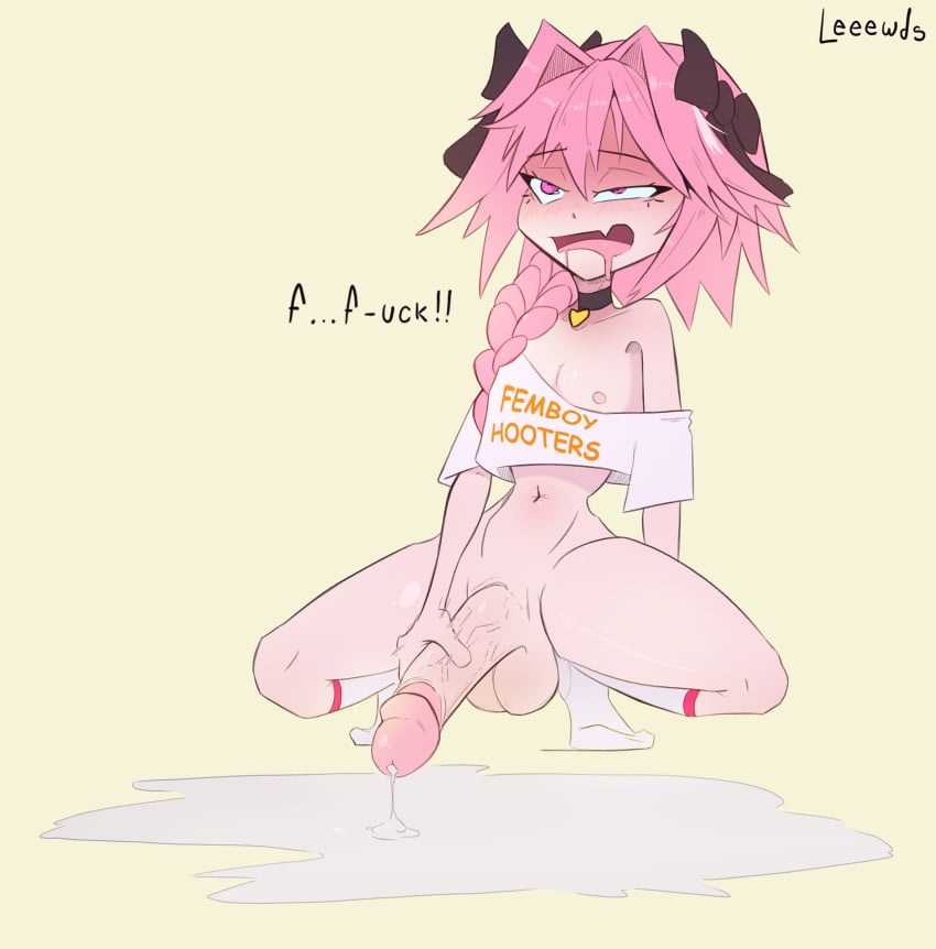 1boy absurd_res ahe_gao astolfo_(fate) big_penis blush blush_lines bottomless boy_only cum cum_puddle cumming drooling excessive_cum fate_(series) femboy femboy_hooters jerking kneesocks leeewds light-skinned_femboy light_skin male male_only masturbation open_mouth pink_eyes pink_hair socks solo text