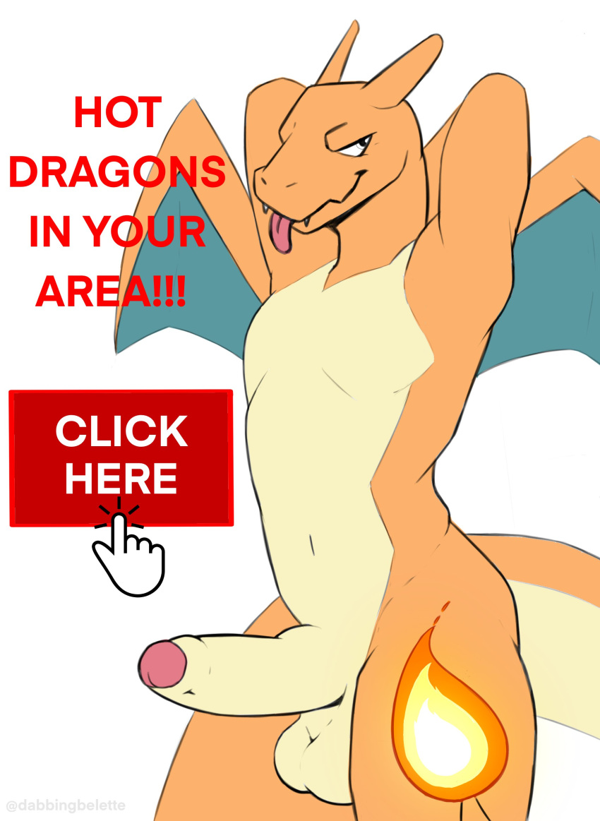 2021 absurd_res advertisement anthro balls biped blep charizard dabelette english_text erection fangs fire foreskin front_view genitals hands_behind_head hi_res humanoid_genitalia humanoid_penis male mouse_cursor multicolored_body nintendo non-mammal_balls nude orange_body penis pokémon_(species) pokemon pokemon_(species) seductive simple_background solo tan_body text tongue tongue_out two_tone_body video_games white_background white_eyes wings