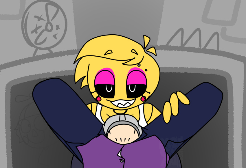 1boy 1boy1girl 1girls black_sclera eyeshadow five_nights_at_freddy's grey_background horaco jeremy_fitzgerald jj_(fnaf) male_pov pink_eyeshadow pov pov_eye_contact smile thehoraco toy_chica_(fnaf) toy_chica_(thehoraco) under_the_table