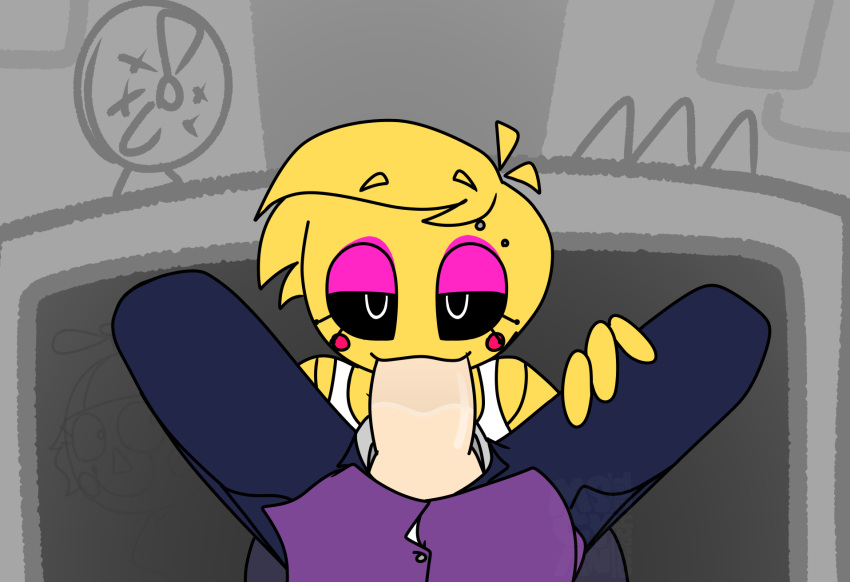 1boy 1boy1girl 1girls black_sclera eyeshadow five_nights_at_freddy's grey_background horaco jeremy_fitzgerald jj_(fnaf) looking_at_viewer male_pov oral oral_sex pink_eyeshadow pov pov_eye_contact thehoraco toy_chica_(fnaf) toy_chica_(thehoraco) under_the_table