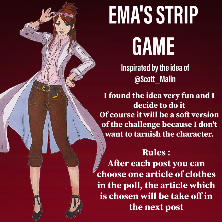 blouse ema_skye female galibra gyakuten_saiban houzuki_akane jeans lab_coat labcoat scientist shirt solo_female strip_game