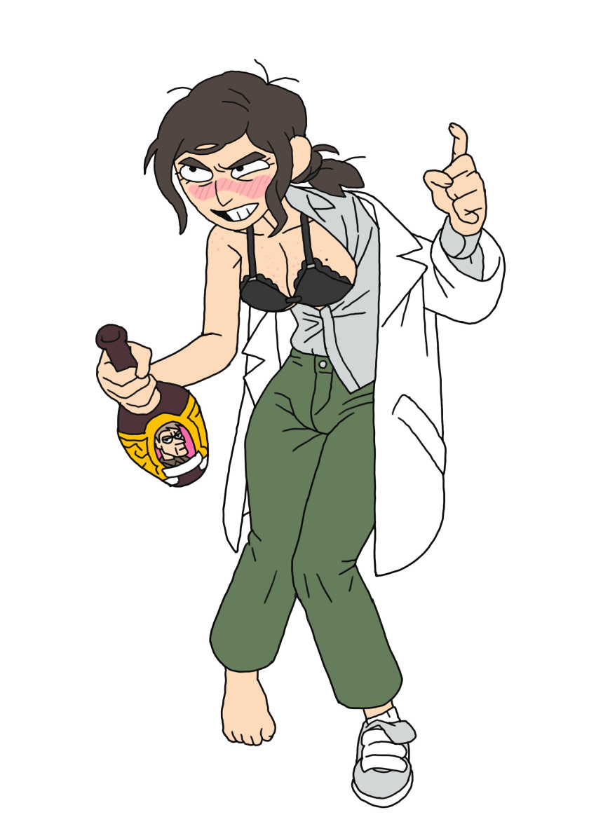 2021 armpit_crease armpit_peek barefoot bottomwear bra brown_hair cleavage collarbone drunk eye_bags female footwear holding_bottle human illust9693 inside_job labcoat messy_hair mole_on_breast one_bare_foot outerwear ponytail reagan_ridley solo topwear white_background