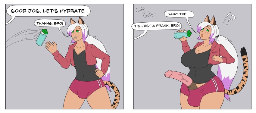 1boy 1futa animal_ears animal_genitalia_on_humanoid ass_expansion athorment balls balls_expansion big_breasts breast_growth breasts cat_ears clothed clothing comic_strip dialogue femboy fully_clothed furry futanari futanari_transformation gender_transformation horsecock horsecock_on_humanoid huge_cock humanoid kemonomimi light-skinned_futanari light_skin long_hair male male_to_futa penis penis_expansion penis_grab penis_growth penis_out ponytail prank solo standing tagme text thick_thighs tiger_tail wide_hips zeke_(tiger_loods)