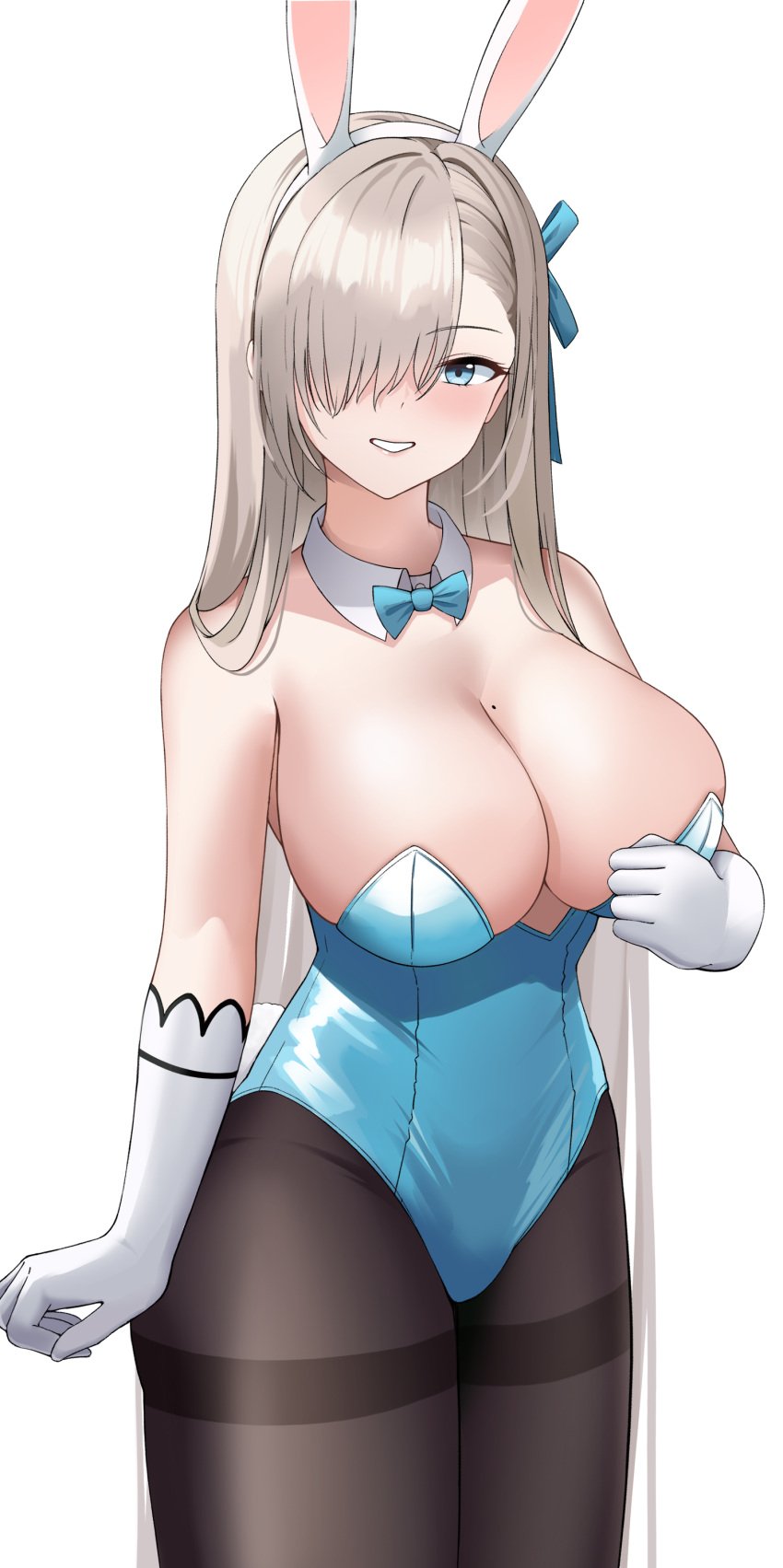 1girls 2021 absurdres animal_ears asuna_(blue_archive) asuna_(bunny)_(blue_archive) bangs bare_shoulders blue_archive blue_eyes blue_leotard blush breasts brown_legwear cleavage detached_collar elbow_gloves fake_animal_ears female female_focus female_only gloves hair_over_one_eye highleg highleg_leotard highres large_breasts leotard light_brown_hair long_hair looking_at_viewer millennium_science_school_student mole mole_on_breast pantyhose playboy_bunny rabbit_ears solo solo_female solo_focus thighs tio_(005) white_gloves