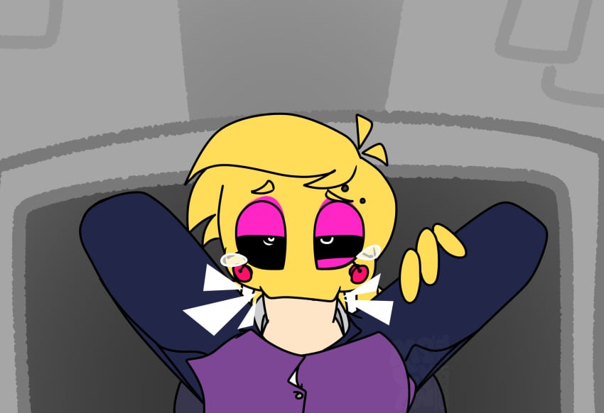 1boy 1boy1girl 1girls black_sclera blowjob eyeshadow five_nights_at_freddy's grey_background horaco jeremy_fitzgerald male_pov oral oral_sex pink_eyeshadow pov pov_eye_contact rolling_eyes straight tears thehoraco toy_chica_(fnaf) toy_chica_(thehoraco) under_the_table