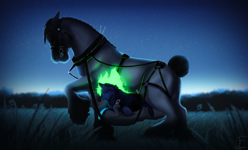 absurd_res animal_only background_sky belly belly_riding blue_body blue_fur canid canine canis clothing digital_drawing_(artwork) digital_media_(artwork) draft_horse equid equine erection female feral field fire fluffy footwear from_front_position full-length_portrait fur garter_straps glowing glowing_markings gradient_background green_hair group hair harness hi_res hooves horse kissing knot lying male male/female mammal markings missionary_position night olexafox on_back portrait scar sex simple_background size_difference socks wolf