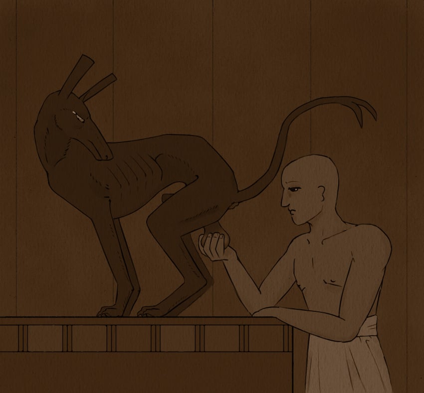 animal_genitalia bald bald_man ball_fondling balls bare_chest big_balls black_body black_fur canid canine canis clothing crouching deity domestic_dog duo egyptian egyptian_god egyptian_mythology egyptian_wall_art feral fondling forked_tail fur genitals harpsichord_(artist) hi_res human hunting_dog makeup male male/male mammal massage middle_eastern_mythology monochrome mythology nipples saggy_balls servant set_(deity) set_(species) sheath sighthound stretching unusual_anatomy unusual_ears unusual_tail visible_ribs zoophilia