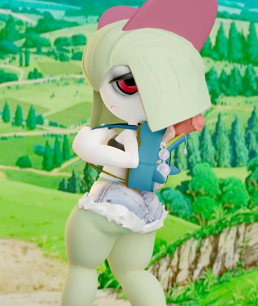 3d anal_beads anthro backpack big_ass bullet_vibe denim_shorts dildo horsecock_dildo kirlia outdoors pokemon pokemon_(species) red_eyes short_shorts small_breasts thick_thighs tradelt wide_hips