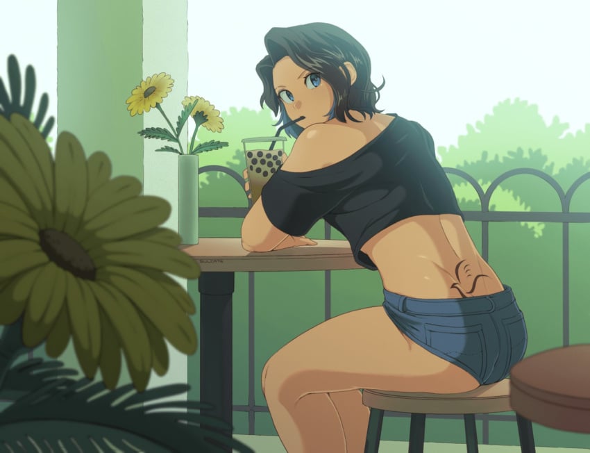 1boy artist_name ass back_tattoo bubble_tea cafe calum_(existence) drink existence femboy looking_at_viewer looking_back male male_only off_shoulder outdoors shirt shorts sitting solo stool sulcate sunflower table tattoo tramp_stamp two_tone_hair