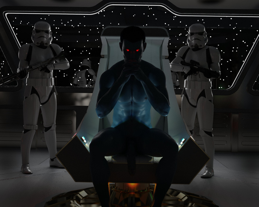 2021 3boys 3d abs alien alien_boy armor athletic athletic_male big_penis black_hair blaster blue_skin bodyguard chair clothed clothed_male disney drinkerofskies e-11_blaster_rifle flaccid grand_admiral_thrawn guard gun hair hands_clasped helmet holding_object holding_weapon humanoid indoors looking_at_viewer male male_only nude nude_male on_chair penis ranged_weapon red_eyes riffle science_fiction short_hair sitting sitting_on_chair space spacecraft standing star_destroyer star_wars star_wars_rebels stormtrooper throne weapon window