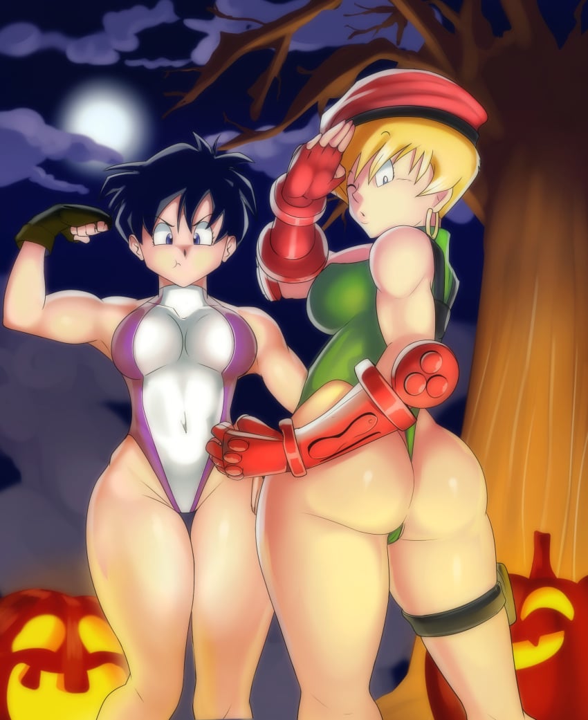 2girls ass big_ass big_breasts big_butt black_hair blonde_hair breasts cammy_white_(cosplay) cosplay dat_ass dragon_ball dragon_ball_z erasa female female_only halloween large_breasts leotard marvel scrabble007 she-hulk_(cosplay) short_hair street_fighter thick_ass thick_thighs thighs videl