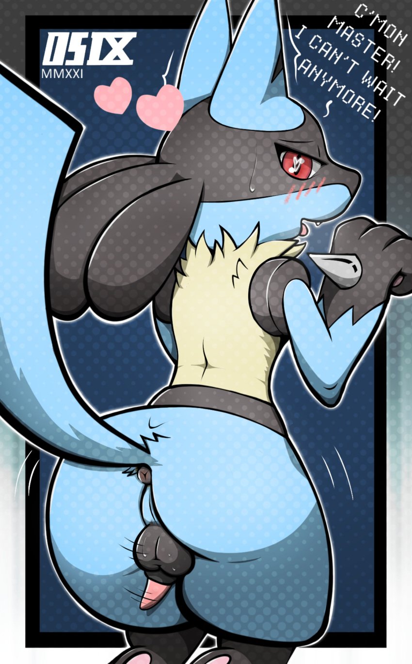 <3_eyes absurd_res animal_genitalia anthro anus ass balls blue_body blue_fur blush blush_lines bouncing_balls canid canine canis dialogue dsub9 english_text expressive fist fur furry furry_only genitals heart hi_res looking_at_viewer looking_back lucario male male_only nintendo penis pokemon pokemon_(species) presenting presenting_anus presenting_balls presenting_hindquarters presenting_penis shaded shaking_butt sheath solo tail text tongue tongue_out video_games y_anus yellow_body yellow_fur