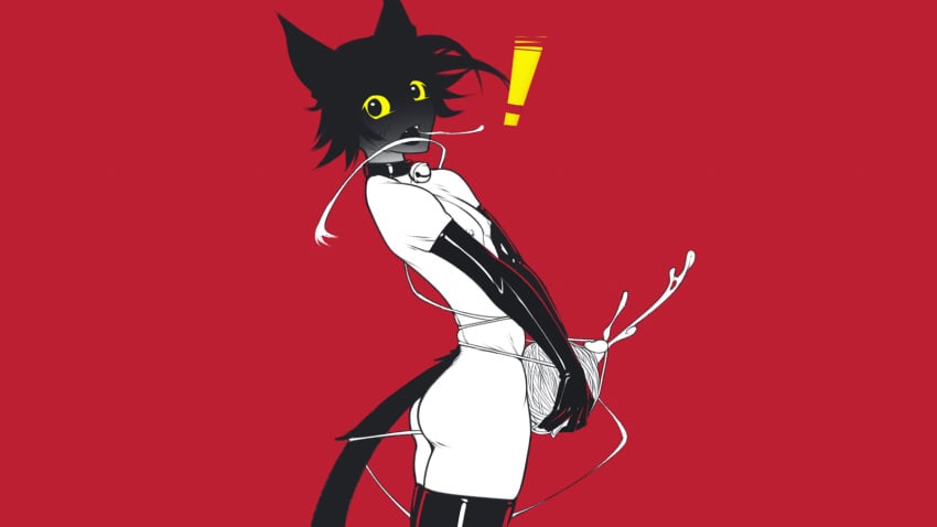 anthro ass bell_collar catboy cum ejaculation elbow_gloves latex looking_at_viewer masturbation nude penis red_background surprised tailbox yarn yarn_ball yellow_eyes