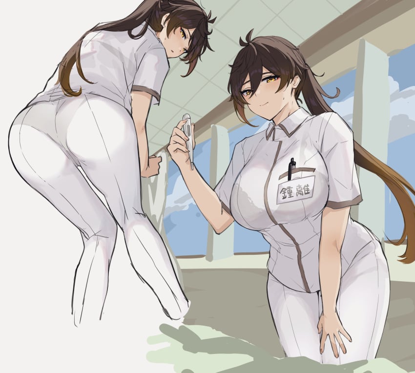 absurdres ass bangs black_hair bra bralines breasts brown_hair cropped_legs female genderswap_(mtf) genshin_impact gradient_hair hair_between_eyes highres holding long_hair multicolored_hair multiple_views name_tag nurse panties pants parted_lips pe1077 pen pen_in_pocket pocket ponytail rule_63 see-through shirt short_sleeves smile sweat thermometer underwear white_pants white_shirt window yellow_eyes zhongli_(genshin_impact) zhongli_jiejie