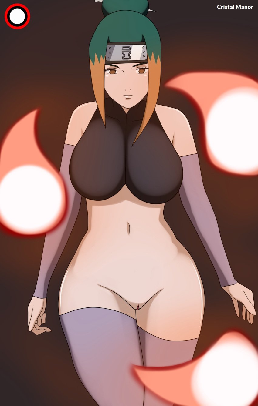 1girls arm_warmers armwear big_breasts bottomless breasts clothed_female cristalmanor crop_top curvaceous female female_only fire fireball green_hair hair_bun huge_breasts legwear looking_at_viewer mostly_nude multicolored_hair naruto naruto_(series) naruto_shippuden no_panties orange_eyes orange_hair pakura partially_clothed pussy sidelocks solo solo_focus thighhighs tied_hair tight_clothing two_tone_hair voluptuous walking wide_hips