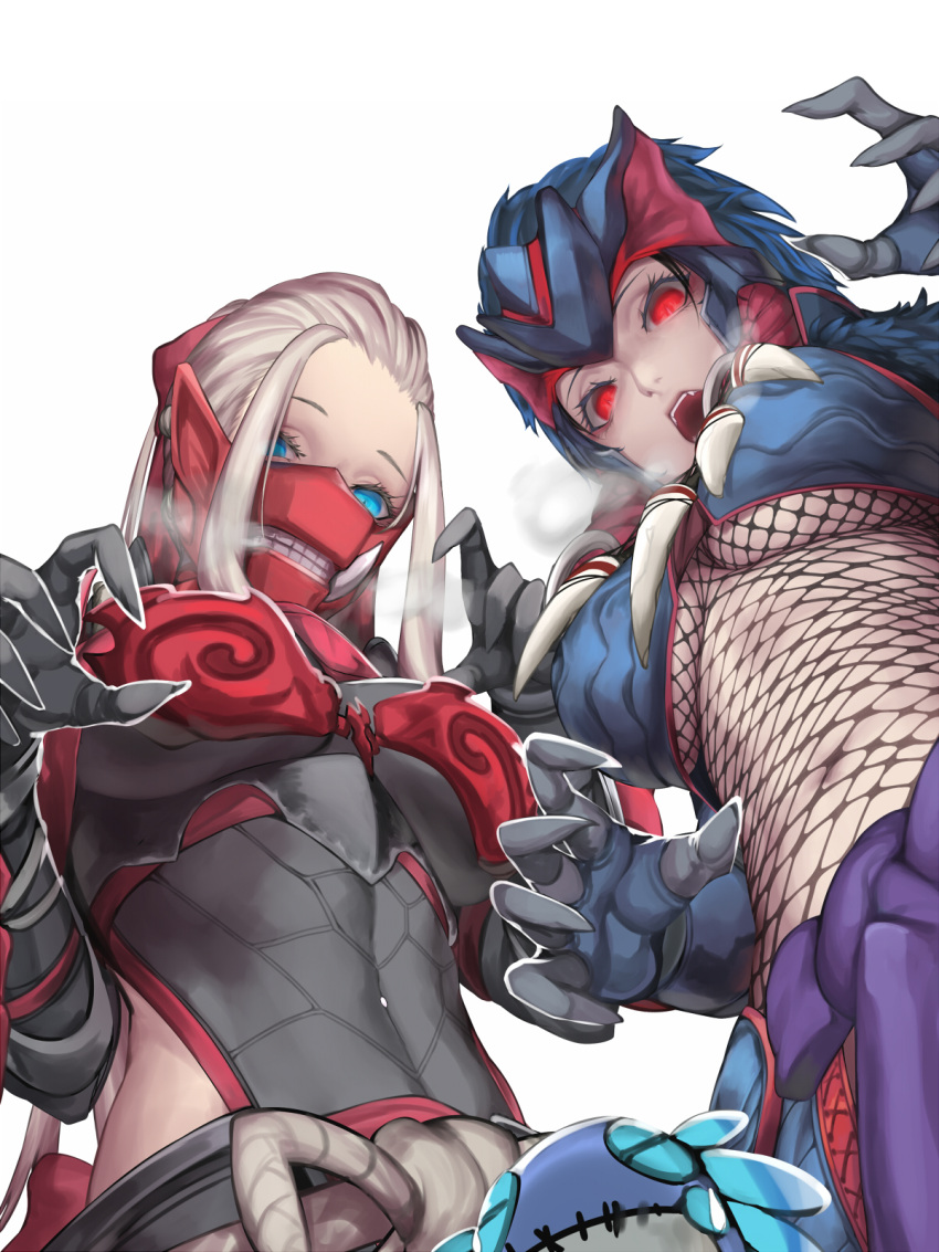 2girls big_breasts blue_eyes breasts breath capcom female female_only kumiko_(aleron) looking_at_viewer monster_hunter multiple_girls nargacuga_(armor) odogaron_(armor) red_eyes tagme white_background