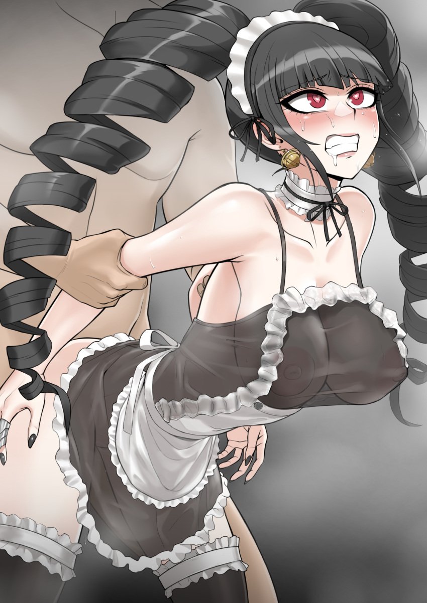 1boy 1girls akizora apron areolae arm_grab bare_shoulders bent_over black_hair black_legwear black_nails blush breasts celestia_ludenberg claw_ring clenched_teeth clothed_female_nude_male collarbone commentary_request danganronpa danganronpa:_trigger_happy_havoc drill_hair earrings embarrassed embarrassed_nude_female eyebrows_visible_through_hair female frills gradient gradient_background grey_apron grey_background hair_ornament heart heart-shaped_pupils highres human jewelry large_areolae large_breasts long_hair maid maid_apron maid_headdress maid_uniform male nail_polish nipples nude red_eyes saliva see-through_dress sex sex_from_behind smooth_skin solo_focus straight sweat symbol-shaped_pupils teeth thighhighs twin_drills