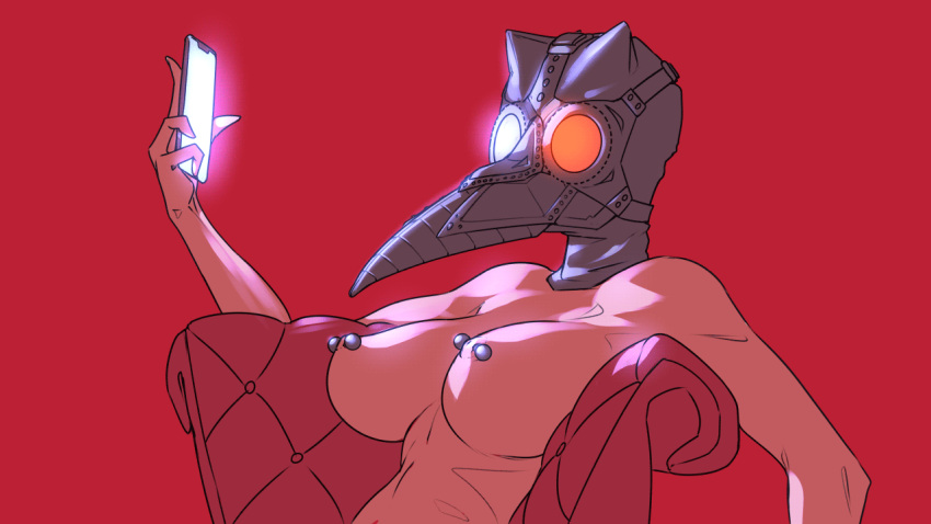 1girls bust close-up goggles hood large_breasts mask nipple_piercing nude plague_doctor portrait red_background sitting smartphone solo tailbox