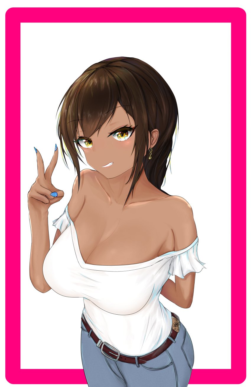 absurdres alternate_costume alternate_hairstyle anchor_earrings azur_lane black_hair blue_nails blue_pants border breasts cleavage cowboy_shot dark-skinned_female dark_skin earrings female geography_0 highres jewelry large_breasts milf off-shoulder_shirt off_shoulder pants pink_border shirt south_dakota_(azur_lane) striped_nails white_background white_shirt yellow_eyes