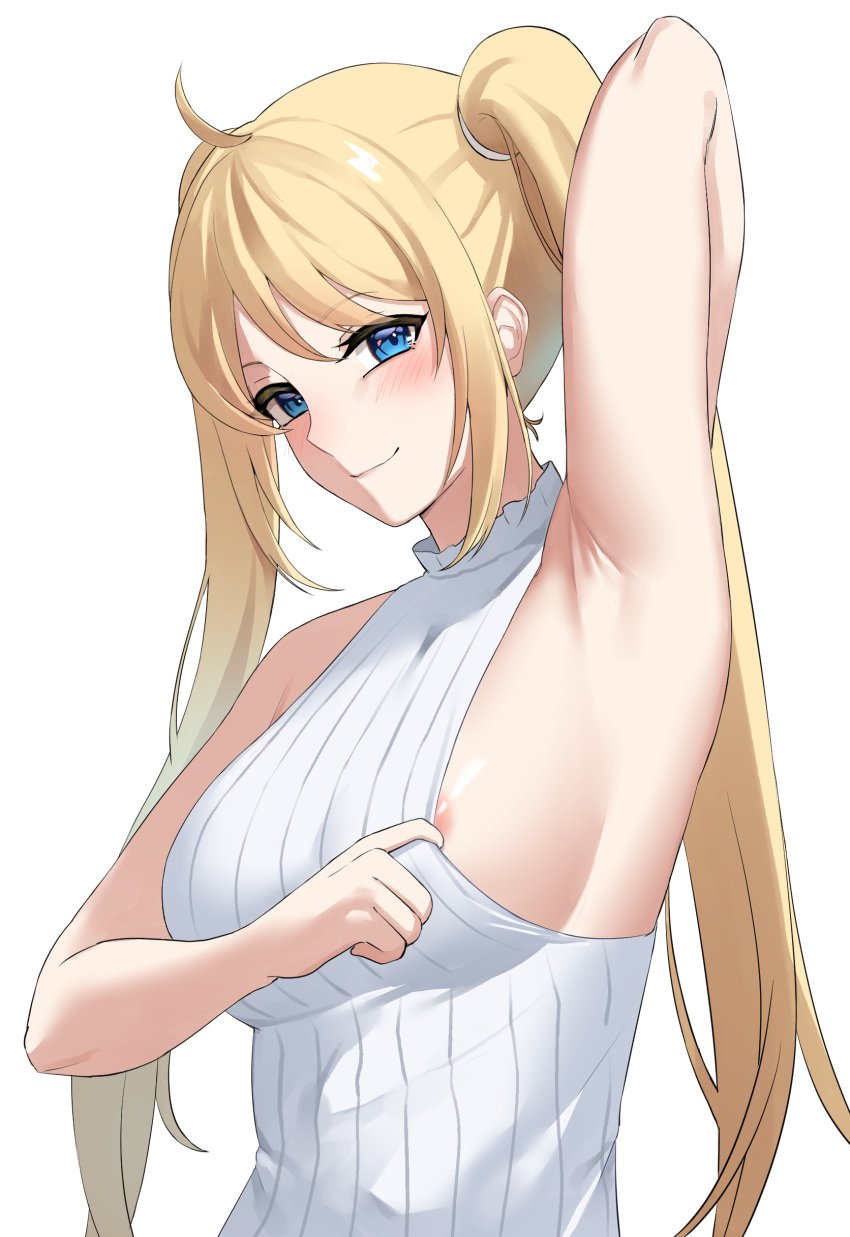 1girls areola_slip armpits big_breasts blonde_hair blue_eyes blush dobure18 light-skinned_female light_skin looking_at_viewer nijisanji nijisanji_indonesia smile tagme twintails virgin_killer_sweater virtual_youtuber white_background yellow_hair zea_cornelia