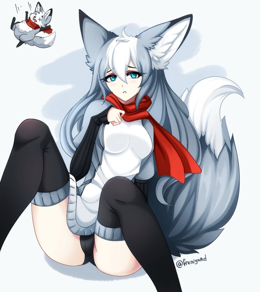 :< black_panties black_stockings blue_eyes clothed clothed_female cyan_eyes dress female female_only freniyard_(artist) gray_hair gray_tail high_resolution human humanoid inner_ear_fluff multicolored_ears multicolored_hair multicolored_tail neko panties rainy_(vkontakte) red_scarf scarf solo spread_legs stockings two_tone_hair two_tone_tail vkontakte wolf_ears wolf_tail