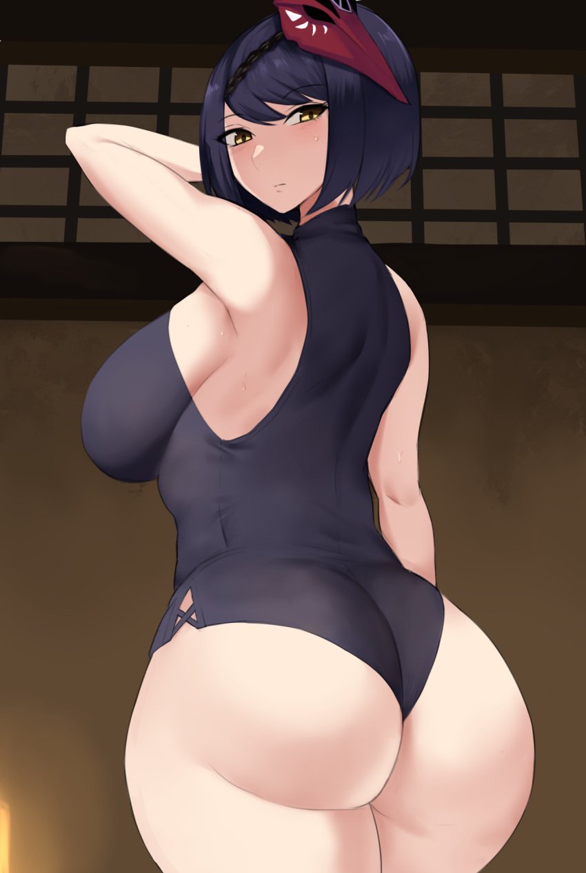 1girls ass ass_focus back back_view black_hair erimiko fat_ass female genitals genshin_impact hi_res huge_ass kujou_sara large_breasts leotard looking_at_viewer player_viewpoint short_hair sideboob sweat thick_ass thick_thighs wide_hips