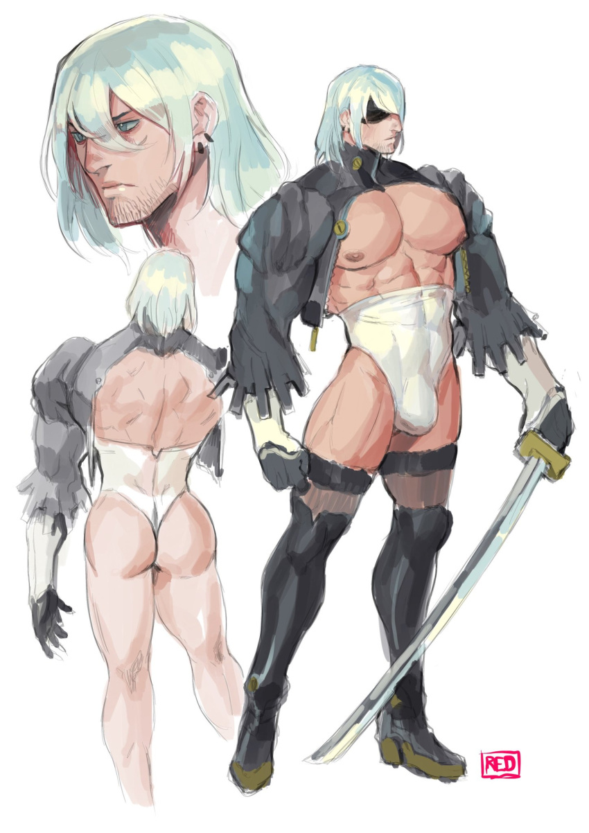 1boy abs ass blindfold bulge genderswap_(ftm) leotard male male_only muscular muscular_male nier:_automata redgart rule_63 solo solo_male thighhighs white_background white_hair yorha_2b