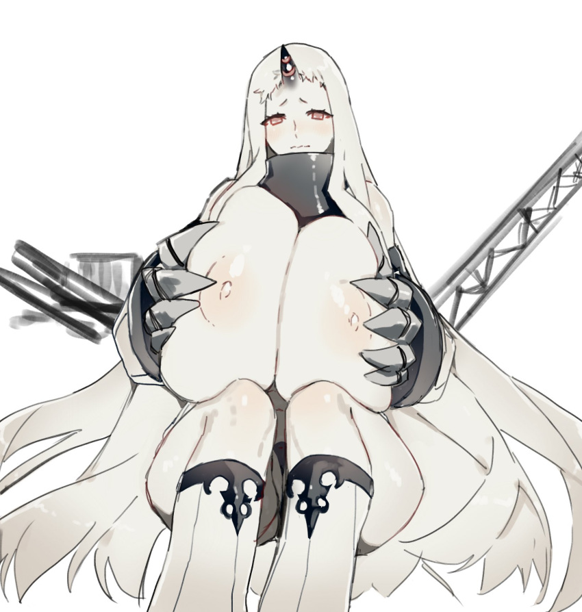 1girls breast_squeeze breasts breasts_out collar gauntlets huge_breasts long_hair looking_at_viewer mokotoko9 pale_skin red_eyes seaport_hime shinkaisei-kan sitting sketch solo white_hair