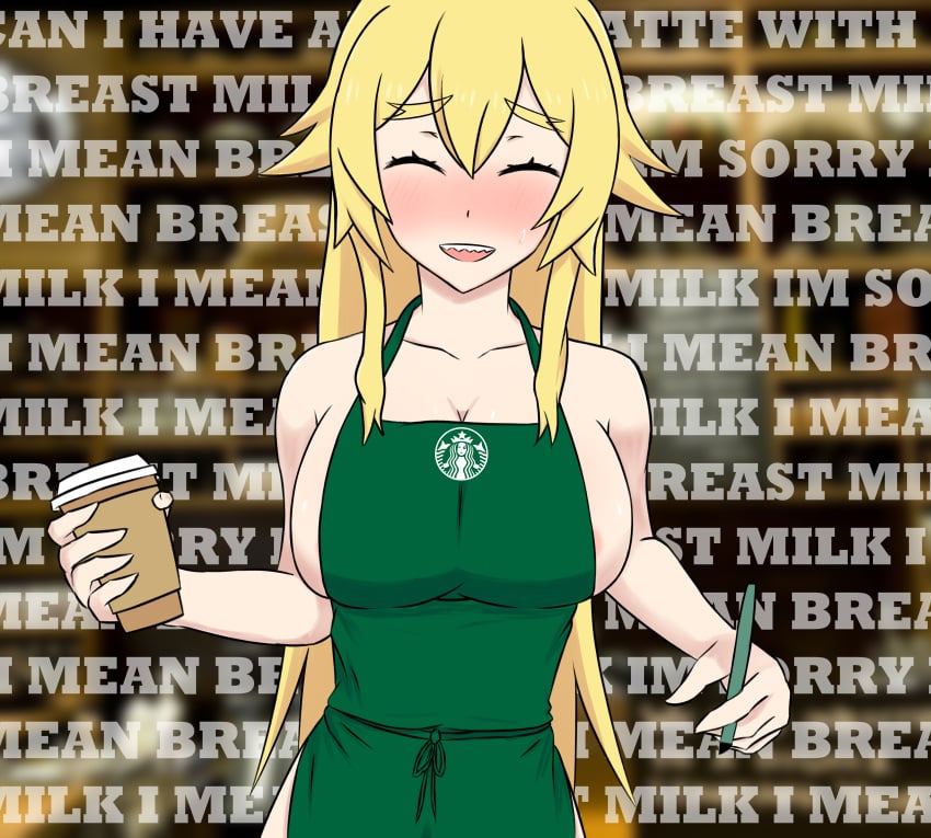 apron areolae bare_arms blonde_hair blush breast_slip breasts brk55555 closed_eyes clothing coffee_cup cowboy_shot embarrassed female female_only frederica_baumann green_apron high_resolution iced_latte_with_breast_milk large_breasts large_filesize light-skinned light-skinned_female long_hair meme no_bra pale-skinned_female pale_skin re:zero_kara_hajimeru_isekai_seikatsu sharp_teeth sidelocks solo very_high_resolution