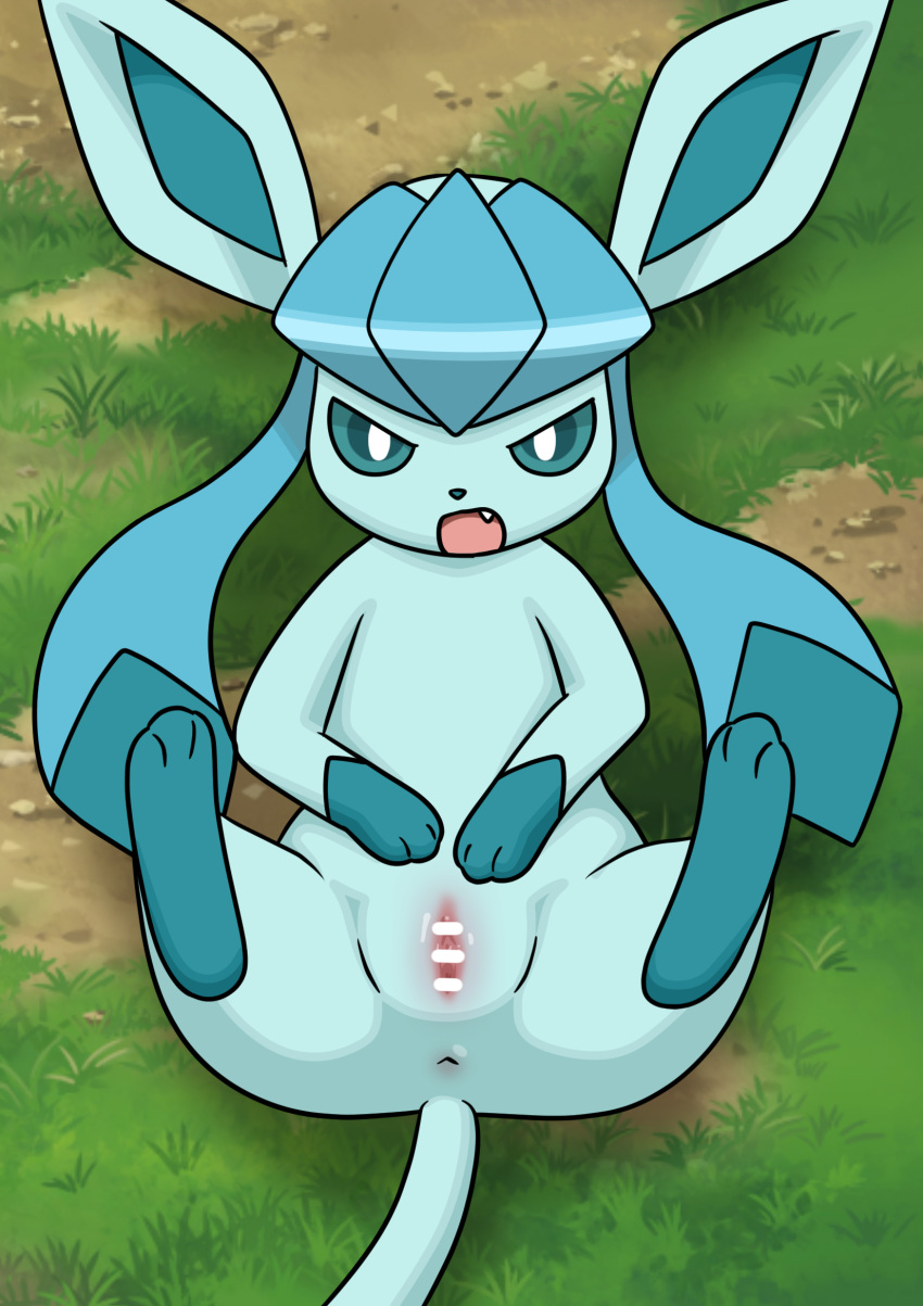 angry anus blue_body blue_eyes blue_hair blue_nose blush censor_bar censored eeveelution female feral glaceon kyodori_(oyogume) lying nintendo open_mouth pokémon_(species) pokemon pokemon_(species) pussy solo video_games