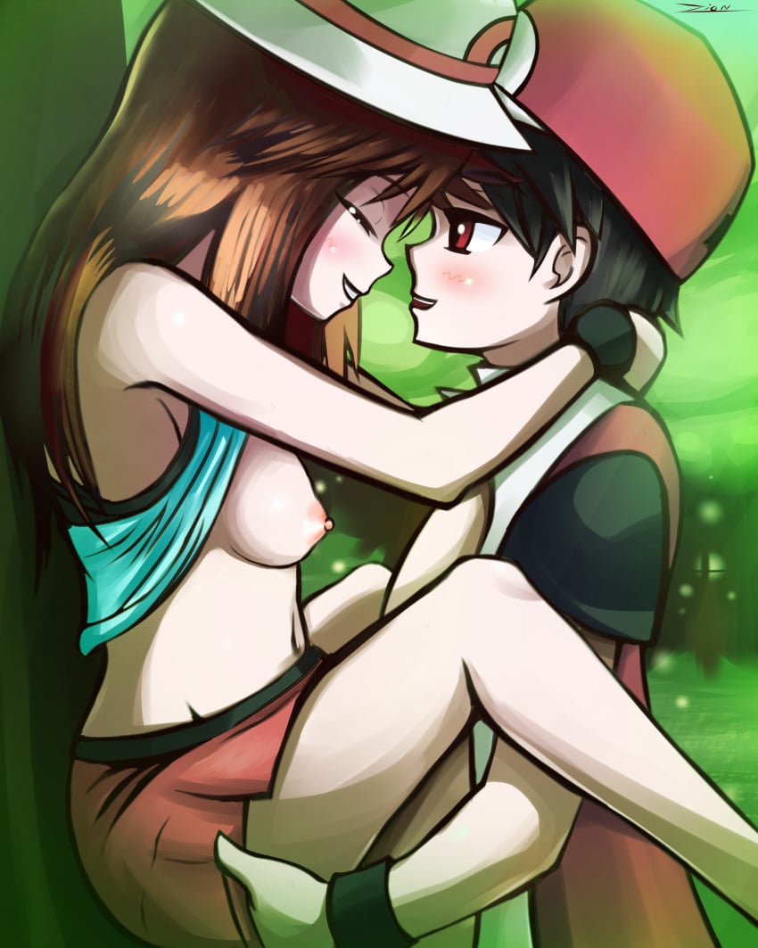 1boy 1girls against_tree black_hair blush breast_out breast_outside breasts breasts_out brown_hair closed_eye closed_eyes clothed_sex exposed_breast exposed_breasts eye_closed eyes_closed forest forest_background green_(pokemon) hand_on_shoulder hand_on_shoulders hands_on_shoulders held_up leaf_(pokemon) legs_up lifting male outdoor outdoor_sex outdoors outdoors_sex outside outside_sex pokemon pokemon_rgby red_(pokemon) red_eyes skirt smile smiling stand_and_carry_position suspended_congress