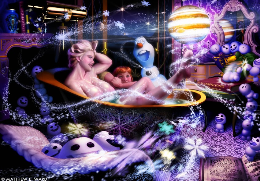 2girls anna_(frozen) bath bathing bathtub blue_eyes book braid disney elsa_(frozen) freckles frozen_(film) huge_breasts jupiter large_breasts latin_text magic mirror multiple_girls nipples nude olaf_(frozen) red_hair rockoqatsi snowflake snowman telescope vase wet white_hair