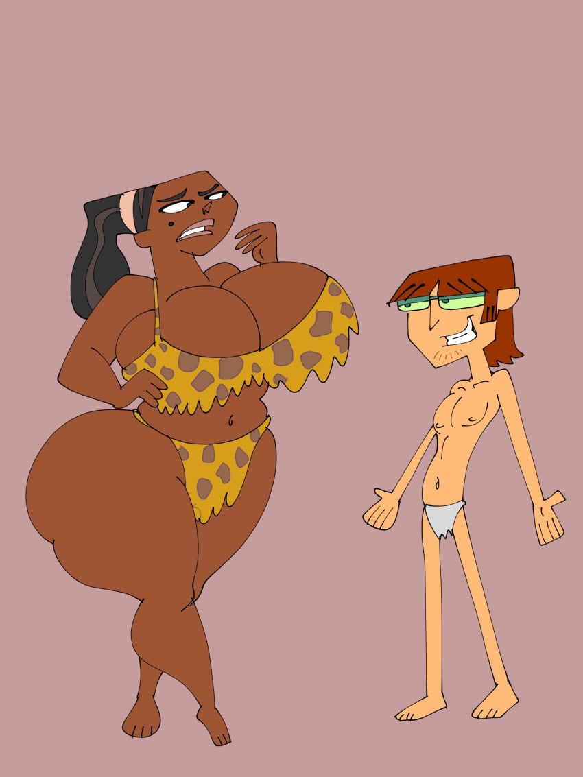 1boy 1girls 2d bbw caveman cavewoman clothed clothed_female clothed_male clothing dark-skinned_female dissappointed_look female femdom glasses harold_(tdi) huge_ass huge_breasts leopard_print leshawna_(tdi) loincloth male maxtlat mole mole_under_eye pink_background primitive simple_background smiling standing tagme teeth total_drama_island tribal white_skin white_skinned_male