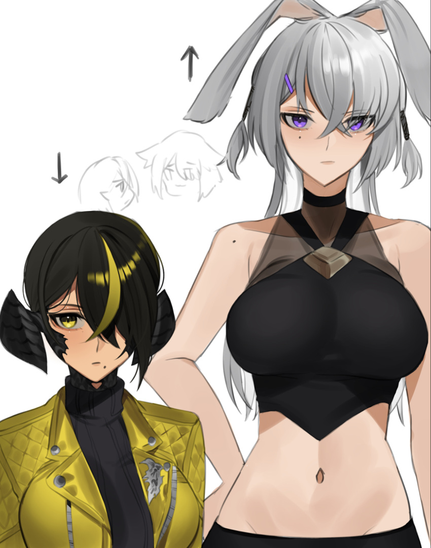 au_ra bangs bare_arms bare_midriff bare_shoulders belly_button big_breasts black_hair black_legwear black_skirt bunny_ears clothed clothing dark-skinned_female dark_elf dark_hair dark_skin elf elf_ears elf_female female female_focus female_only final_fantasy final_fantasy_xiv hair_between_eyes hair_over_one_eye height_difference horn horned_humanoid horns large_breasts lilith_(lilycious) lilycious long_sleeves looking_at_viewer midriff_baring_shirt mole mole_under_mouth multicolored_hair open_clothes pointy_ears purple_eyes see-through_clothing short_hair tagme taller_girl viera white_hair xaela yellow_eyes yellow_hair