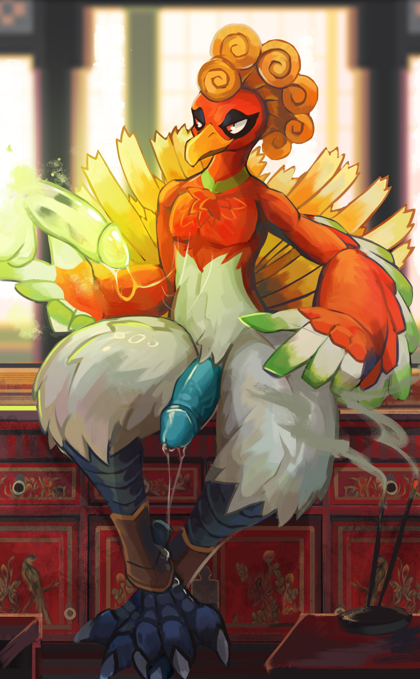 absurd_res anthro anthrofied avian beak bird blue_penis bodily_fluids european_mythology feathered_arms feathered_wings feathers genital_fluids genitals greek_mythology hi_res ho-oh insense legendary_pokémon magic male multicolored_body multicolored_feathers mythological_avian mythological_firebird mythology nintendo nude penis phoenix plive pokémon_(species) pokemon precum sitting solo solo_male tail_feathers translucent translucent_penis video_games wings