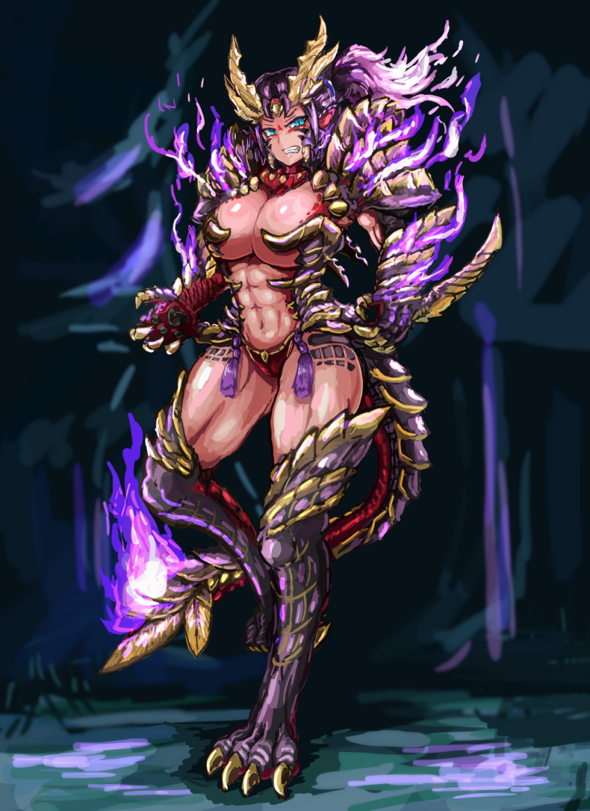 1girls 2021 abs bare_thighs big_breasts blue_eyes capcom cleavage gijinka huge_breasts koburatuisut magnamalo monster_girl monster_hunter monster_hunter_rise shrine_ruins_(map) solo solo_female source_request tagme thick_thighs