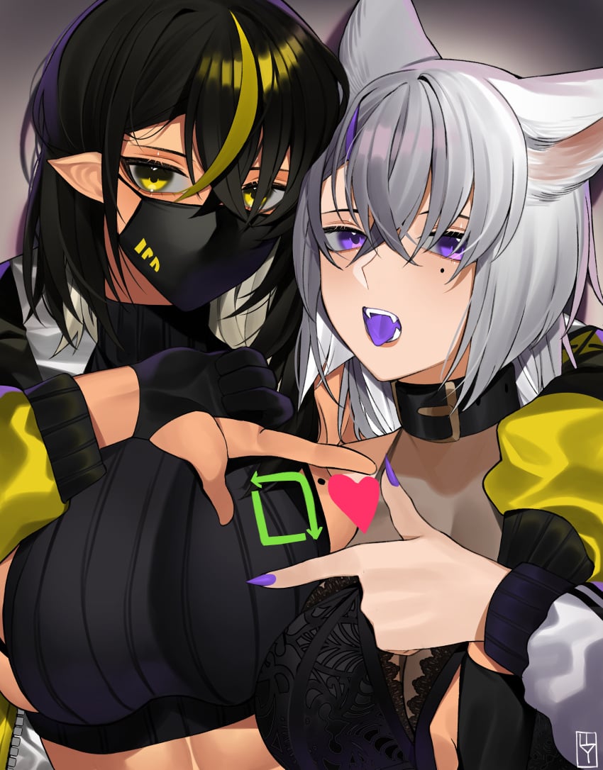 2021 2girls armpits bangs bare_arms bare_midriff bare_shoulders belly_button belt_collar big_breasts black_bra black_gloves black_hair black_legwear black_skirt cat_ears catgirl cleavage clothed clothing dark-skinned_female dark_elf dark_hair dark_skin elf elf_ears elf_female fangs female female_focus female_only fingerless_gloves fingernails floral_print gloves hair_between_eyes hair_over_one_eye large_breasts lilith_(lilycious) lilycious long_sleeves looking_at_viewer mask masked masked_female midriff_baring_shirt mole mole_under_eye mole_under_mouth multicolored_hair oc open_clothes pointy_ears purple_eyes purple_fingernails purple_tongue retweet_icon see-through_clothing short_hair sideboob tagme tongue tongue_out twitter white_hair yellow_eyes yellow_hair