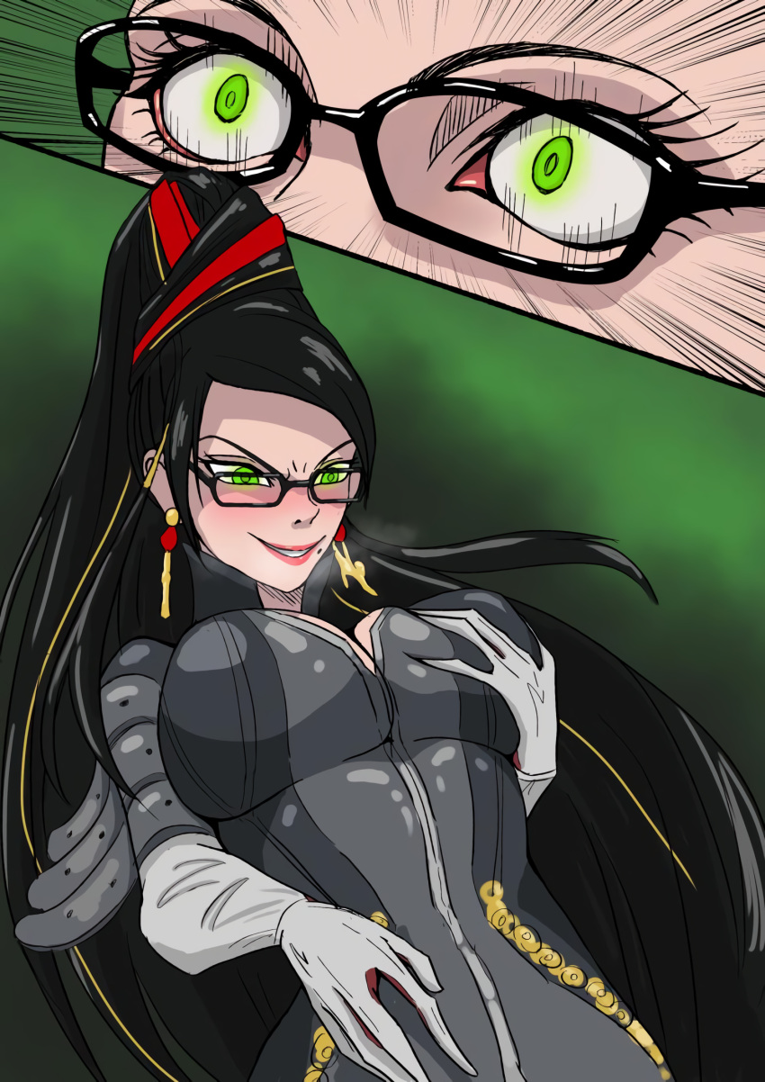 admiring admiring_self bad_end bayonetta bayonetta_(character) beauty_mark beehive_hairdo black_hair body_invasion body_possession body_swap body_takeover body_thief bodysuit breast_grab breast_squeeze breasts cleavage cleavage_cutout close-up closed_eyes defeated demon earrings elbow_gloves evil_grin evil_smile game_over glasses glowing_eyes green_eyes hair_ornament hair_ribbon high_heels lips lipstick long_fingernails maysomehowbe mole mole_under_mouth open_eyes out_of_body_experience possession resentment_(bayonetta) witch