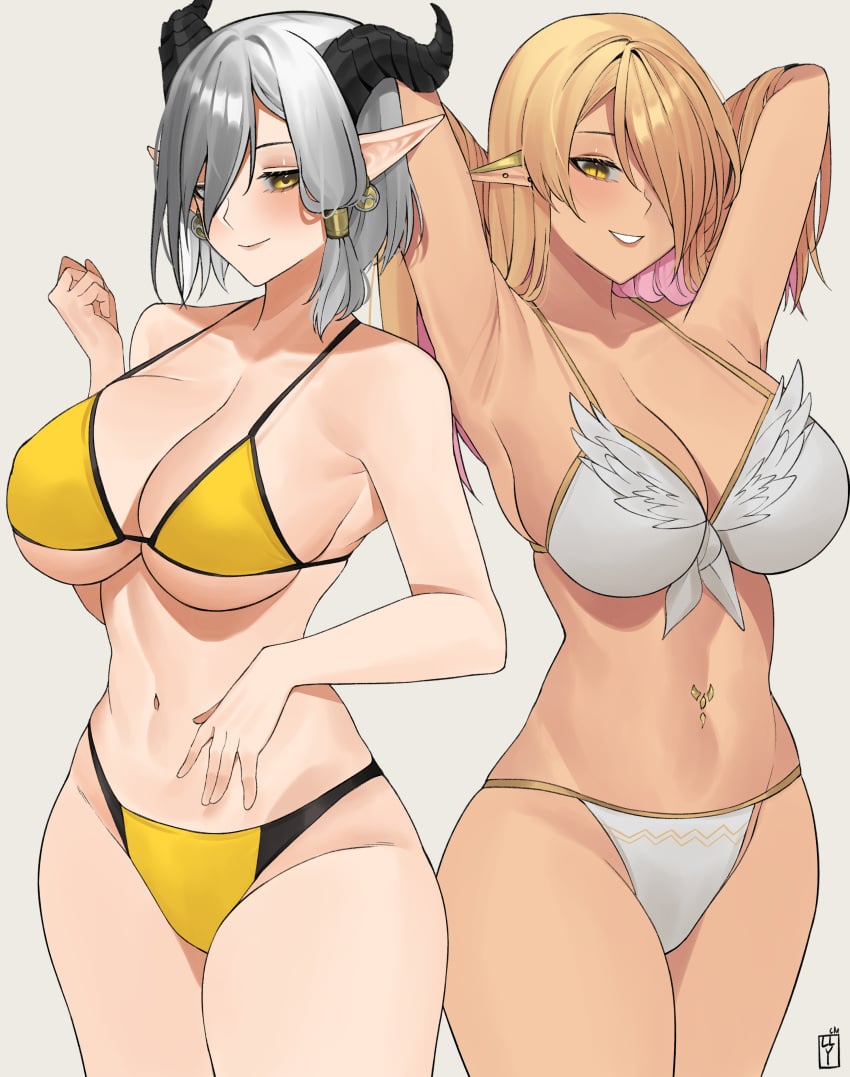 2girls armpits arms_behind_head bangs bare_arms bare_legs bare_midriff bare_shoulders bare_thighs belly_button belly_piercing bikini blonde_hair dark-skinned_female dark_skin ear_piercing elf elf_ears elf_female feathered_wings feathers front-tie_bikini golden_eyes grey_hair gyaru hair_between_eyes hair_over_one_eye hand_on_hip hands_behind_head horn horns large_breasts lilycious long_hair looking_down nipple_bulge pink_hair pointed_ears pointy_ears short_hair sideboob smile tagme tan_skin toned toned_body toned_female two_tone_hair underboob white_background white_bikini yellow_bikini