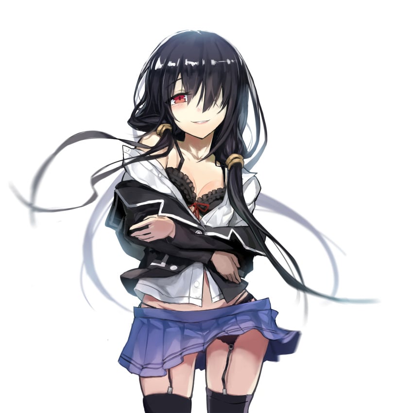 bare_shoulder black_bra black_hair black_legwear black_panties blazer blue_skirt blush bow_bra bra breasts cleavage crossed_arms date_a_live female female_only frilled_bra frills garter_belt garter_straps hair_over_one_eye jacket kamisa long_hair long_sleeves looking_at_viewer off_shoulder open_clothes open_jacket open_shirt panties red_eye simple_background skirt skirt_lift smile teeth thighhighs tokisaki_kurumi twintails unbuttoned very_long_hair white_background