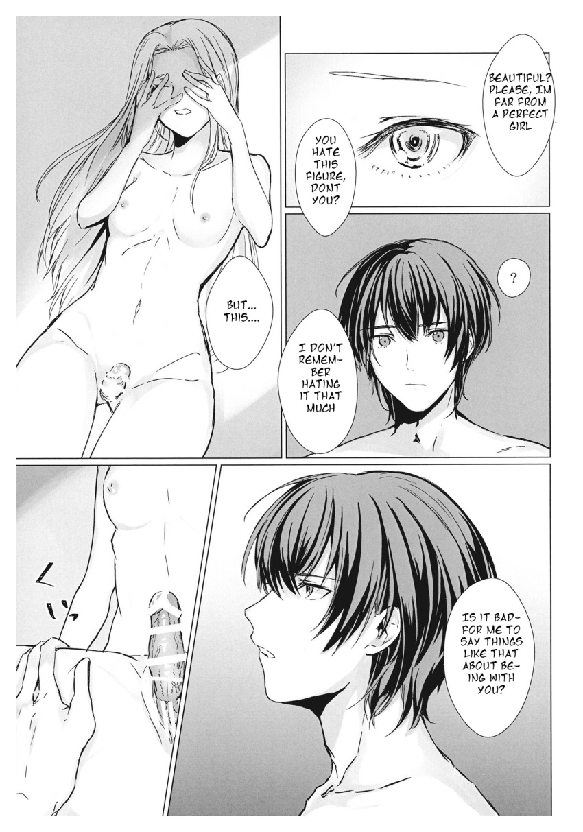 1boy 1futa areolae ashamed breasts byleth_(fire_emblem) byleth_(fire_emblem)_(male) censored close-up closed_eyes comic completely_nude_female covering_face dialogue doujinshi duo edelgard_von_hresvelg encouragement english_text fire_emblem fire_emblem:_three_houses futa_sans_balls futanari human leg_grab long_hair male medium_penis monochrome mugen_no_sudadokei nintendo nipples nude penis small_breasts surprise text translated