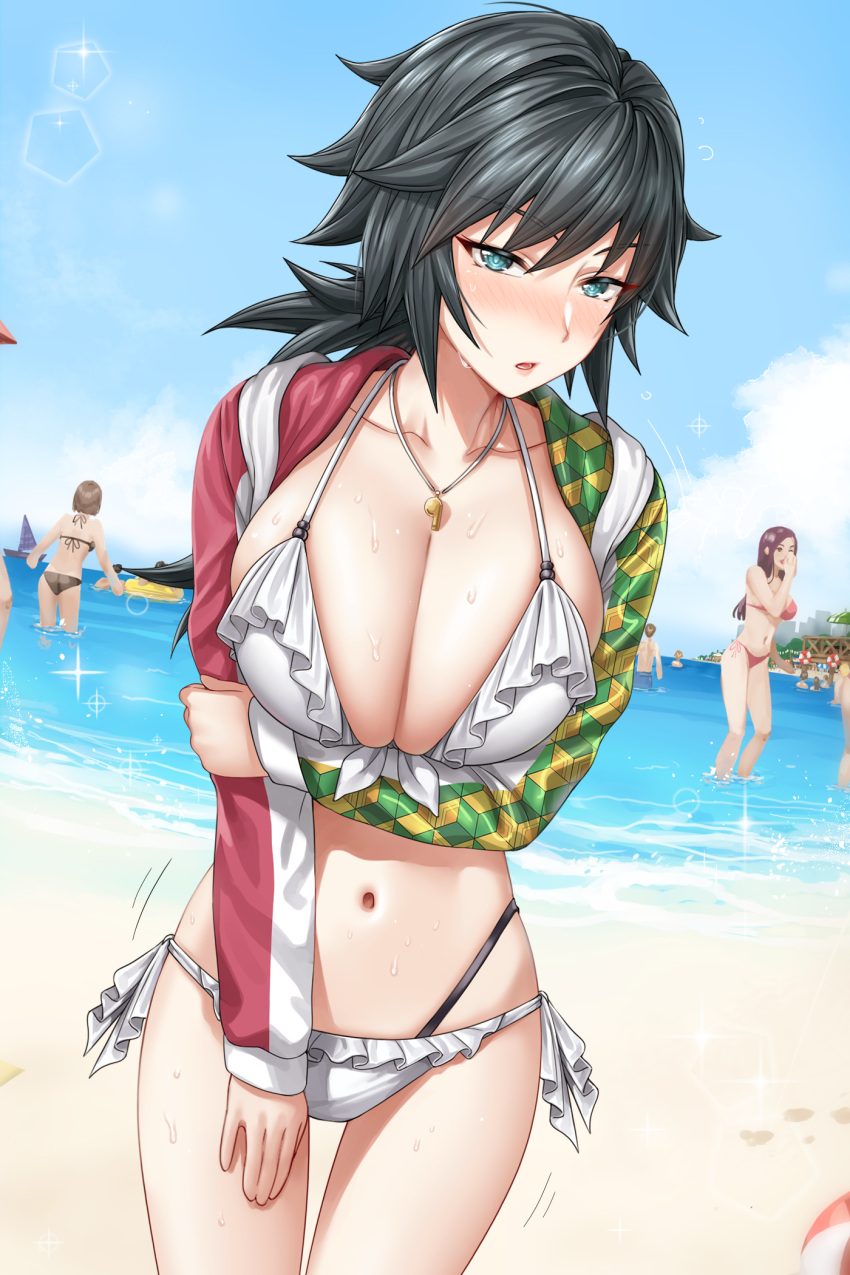 arm_under_breasts beach big_breasts bikini black_hair blue_eyes blush breasts cleavage demon_slayer detailed_background eye_contact female hoodie huge_breasts kimetsu_no_yaiba long_sleeves looking_at_viewer rule_63 side-tie_bikini solo_focus standing sweatshirt sweatshirt_and_bikini swimsuit thick_thighs thigh_gap thighs thong tomioka_giyuu white_bikini yakimi_27