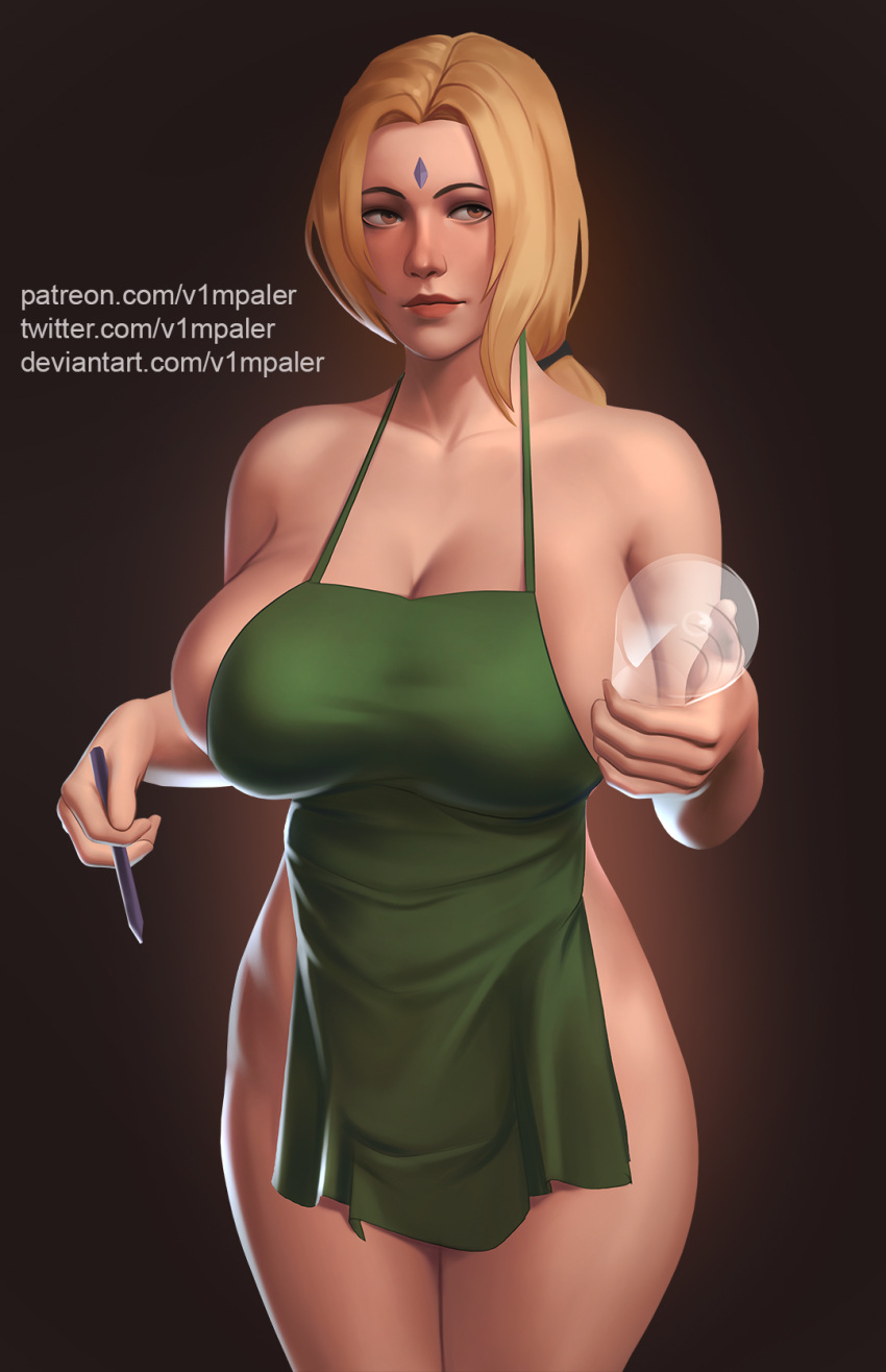 apron big_breasts blonde_hair breasts brown_eyes clothed_female female female_only functionally_nude glass hourglass_figure huge_breasts iced_latte_with_breast_milk large_breasts mature mature_female meme naked_apron naruto naruto_(series) naruto_shippuden pen solo solo_focus tied_hair tsunade twintails v1mpaler waitress wide_hips