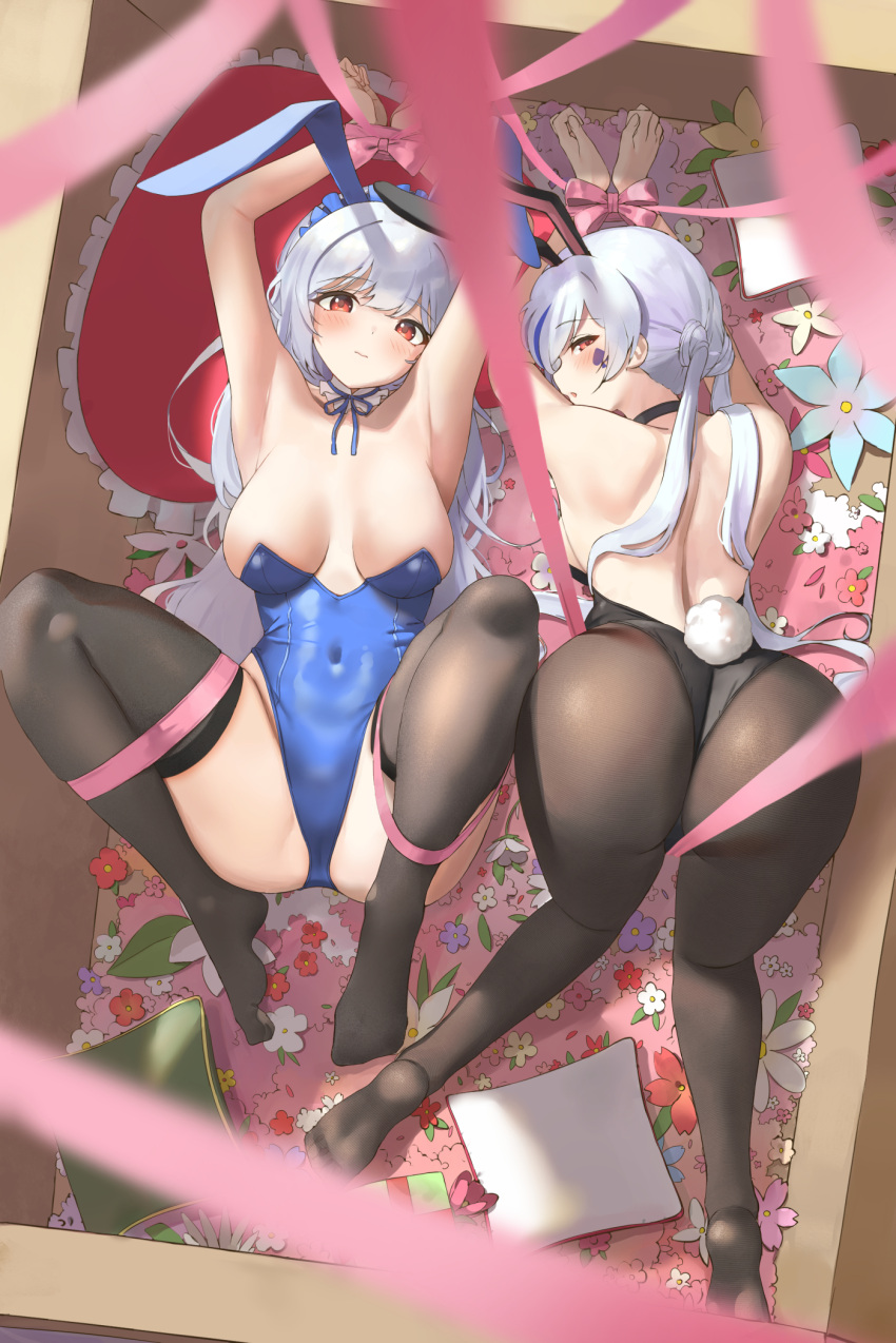 2girls all_fours animal_ears armpits arms_up ass back bangs bare_shoulders black_choker black_legwear black_leotard blue_leotard blue_neckwear blue_ribbon blush bondage bound_legs bound_wrists bow box breasts bunny_ears bunny_tail choker cleavage closed_mouth clothing eyebrows_visible_through_hair facial_mark fake_animal_ears fake_tail female femsub flower frown heart heart_pillow high_resolution in_box in_container large_breasts legs_up legwear leotard long_hair looking_at_viewer lying multiple_girls multiple_subs neck_garter neck_ribbon no_shoes on_back open_mouth original parted_lips pillow pink_bow playboy_bunny red_eyes restrained ribbon ribbon_bondage silver_hair spade_(shape) spread_legs strapless strapless_leotard tail thighhighs tied_hair top-down_bottom-up twin_(tt_lsh) twintails very_long_hair white_hair