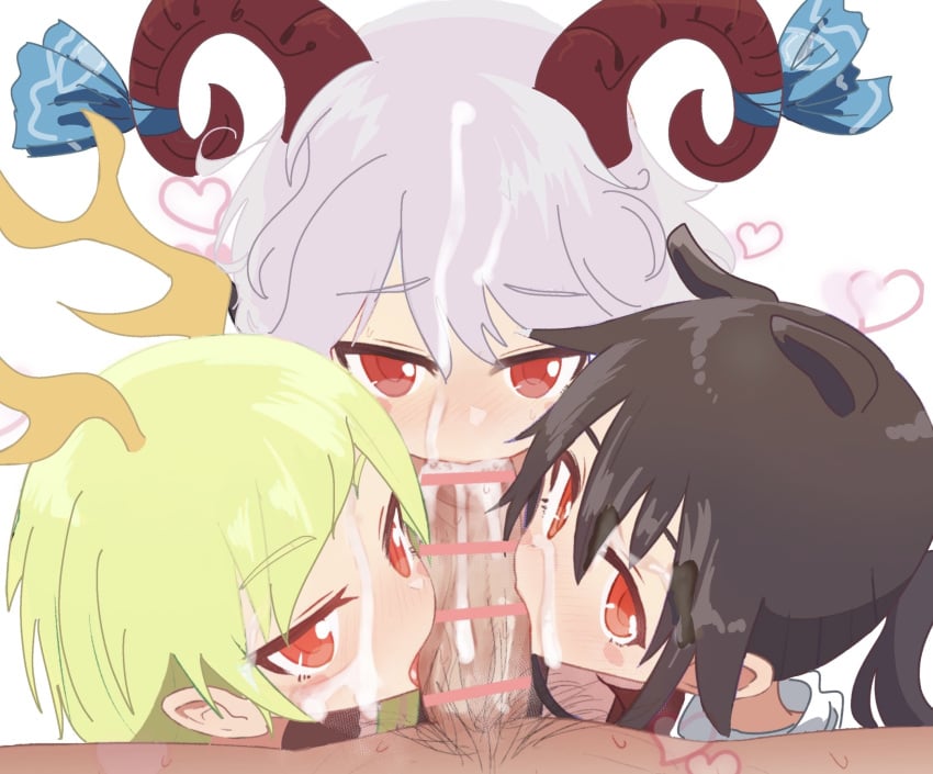 1boy 3girls animal_ears black_hair blonde_hair censor_bar censored collaborative_fellatio cum cum_in_mouth cum_on_face dragon_girl dragon_horns fellatio female_focus foursome grey_hair group_sex harem heart horns horse_ears horse_girl kicchou_yachie looking_at_viewer male_pov male_pubic_hair monster_girl multiple_fellatio multiple_girls oral penis pointy_ears pov pubic_hair red_eyes saki_kurokoma sheep_girl sheep_horns teamwork third-party_edit touhou white_background yuuma_toutetsu